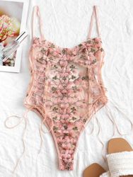 Body Lingerie Applique Fleuri en Maille Transparente à Lacets M Rose pÂle - Zaful FR - Modalova