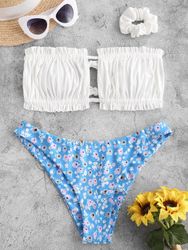 ZAFUL Maillot de Bain Bikini Bandeau Côtelé Fleur à Volants avec Chouchou S - Zaful FR - Modalova