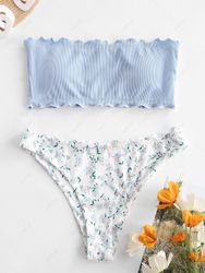 ZAFUL Maillot de Bain Bikini Bandeau Côtelé Fleuri Imprimé à Ourlet en Laitue S - Zaful FR - Modalova