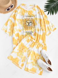 Ensemble de T-shirt Teinté Soleil Imprimé à Goutte Epaule et de Short Xl - Zaful FR - Modalova