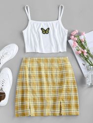 ZAFUL Ensemble de Camisole Court Papillon Brodé et de Jupe Fendue à Carreaux M - Zaful FR - Modalova