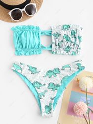 ZAFUL Maillot de Bain Bikini Bandeau Noué Dinosaure et Papillon Imprimés à Volants S - Zaful FR - Modalova