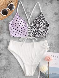 ZAFUL Maillot de Bain Tankini Côtelé Etoile Léopard à Taille Haute à Lacets L - Zaful FR - Modalova