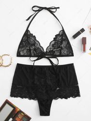 Ensemble de Soutien-Gorge en Dentelle en Maille Transparente à Col Halter à Volants - ZAFUL - Modalova