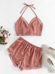 ZAFUL Ensemble de Short Pyjama Lâche en Dentelle Insérée à Col Halter S - Zaful FR - Modalova