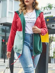 Veste à Capuche Zippée en Blocs de Couleurs de Grande Taille en Velours Côtelé - ZAFUL - Modalova