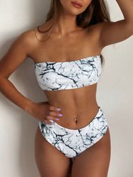 Ensemble Maillot De Bain Bikini Bandeau Marbre Imprimé à Taille Haute M - Zaful FR - Modalova