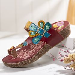 SOCOFY Vintage Folkways Boucle Slip-on Shinny Wedge Toe Ring Tongs Tongs Sandales - Newchic - Modalova