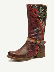 SOCOFY Retro Sun Flower Lace Splicing Bottes mi-mollet plates en cuir véritable - Newchic - Modalova
