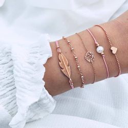 Tendance Géométrique Pendentif Tressé Bracelet Perle Pêche Coeur Chaîne Feuille Bracelet Ensemble Chic Bijoux - Newchic - Modalova