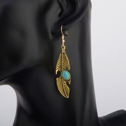 Boucles d'oreilles turquoise plume Vintage métal incrusté feuilles motif boucles d'oreilles longues bijoux chic - Newchic - Modalova