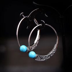 Vintage Turquoise grandes boucles d'oreilles en argent sculpté boucles d'oreilles exagérées bijoux ethniques - Newchic - Modalova