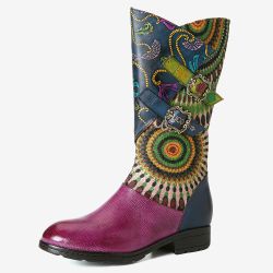 SOCOFY Bottes plates mi-mollet en cuir véritable à boucle en métal motif Folkways - Newchic - Modalova