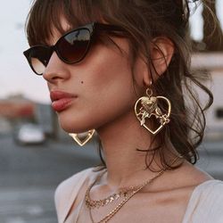 Boucles d'oreilles pendentif coeur géométrique douce pêche métal longues boucles d'oreilles oiseau strass creux - Newchic - Modalova