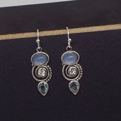Boucles d'oreilles avec pendentif topaze bleue aqua géométrique rétro Boucles d'oreilles en argent avec goutte d'eau rotative - Newchic - Modalova