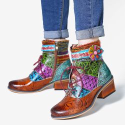 SOCOFY Colorful Bottes courtes plates à lacets en cuir véritable avec fleur à épissure - Newchic - Modalova