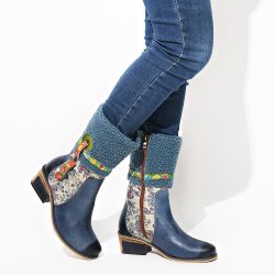 SOCOFY Imitation Agneau Cheveux Fleur Motif En Cuir Couture Fleur Motif Confortable Bottes Plates - Newchic - Modalova
