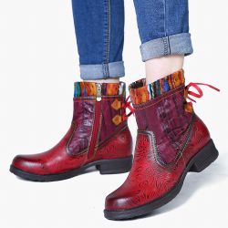 SOCOFY Rétro cuir véritable épissage de laine Colorful couture Soft bottes courtes plates - Newchic - Modalova