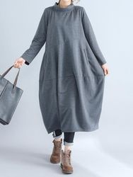 Couleur unie Col roulé à manches longues Plus Taille Baggy Vintage Dress - Newchic - Modalova