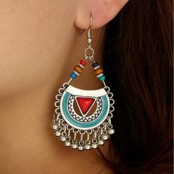 Vintage géométrique creux demi-rond gland pendentif boucles d'oreilles Turquoise sculpté perles longues boucles d'oreilles - Newchic - Modalova