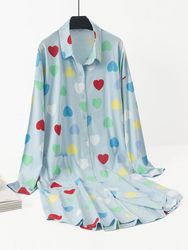 Plus Taille T-shirt de pyjama en coton à manches longues imprimé coeurs Chemise de nuit ample - Newchic - Modalova