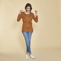 Promo : Pull asymétrique col bateau manches longues et ceinture - Marron - 3 SUISSES - Modalova