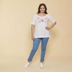 Promo : Tee-shirt col rond manches aux coudes broderie devant grandes tailles - écru - 3 SUISSES - Modalova