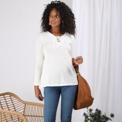 Promo : Tee-shirt évasé col V avec cordon manches longues - écru - 3S. x Le Vestiaire - Modalova