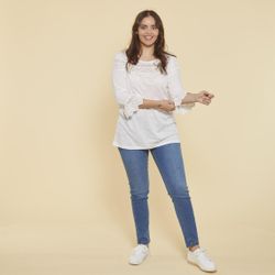 Promo : Tee-shirt manches 3/4 volantées et guipure grandes tailles - écru - 3 SUISSES - Modalova