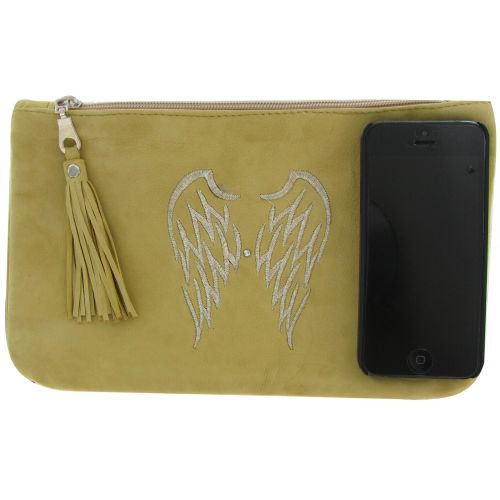 BIJOUX - Pochette Sac Daim Brodé Deux Ailes d'Ange Couleur d'Eau - LES POULETTES - Modalova