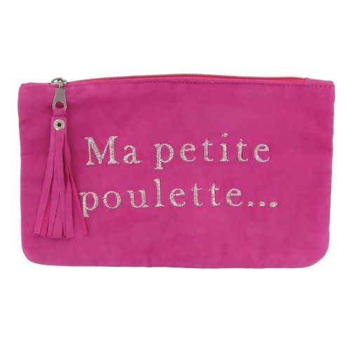 BIJOUX - V Pochette Sac Daim Brodé Ma Petite Poulette Couleur Fuchsia - LES POULETTES - Modalova