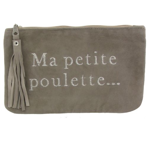 BIJOUX - Pochette Sac Daim Brodé Ma Petite Poulette Couleur Taupe - LES POULETTES - Modalova