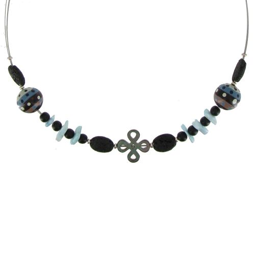 Collier Câble Argent Croix en Nacre Perles de Lave et de Lari - LES POULETTES BIJOUX - Modalova