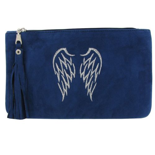 BIJOUX - Pochette Sac Daim Brodé Deux Ailes d'Ange Couleur Marine - LES POULETTES - Modalova