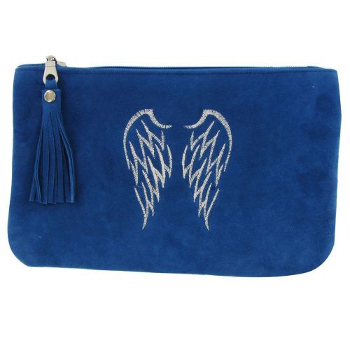 BIJOUX - Pochette Sac Daim Brodé Deux Ailes d'Ange Couleur Mer - LES POULETTES - Modalova