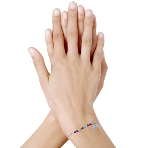 Bracelet Rhodié Petite Plume et Perles Bleu Rouge Turq - LES POULETTES BIJOUX - Modalova