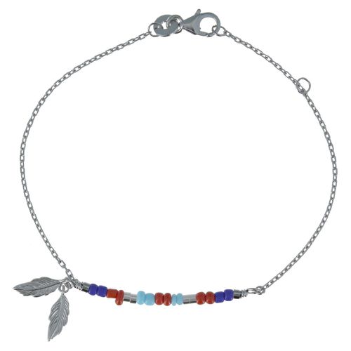 Bracelet Rhodié Petite Plume et Perles Bleu Rouge Turquoise - LES POULETTES BIJOUX - Modalova