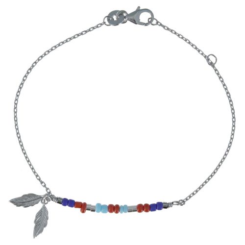 Bracelet Rhodié Petite Plume et Perles Bleu Rouge Turq - LES POULETTES BIJOUX - Modalova