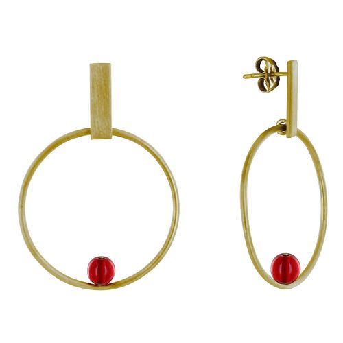 Boucles d'Oreilles Clous Laiton Rectangle Plat Cercle et Perle de Verre - Rouge - LES POULETTES BIJOUX - Modalova