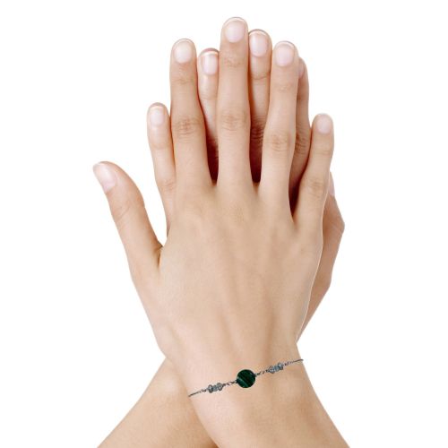 Bracelet Argent 925 Rhodié Un Bouton de Malachite Deux Perles - LES POULETTES BIJOUX - Modalova