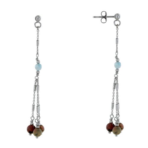 Boucles d'Oreilles Argent 925 Rhodié Trois Perles Jaspe Picasso et Une Perle de Lari - LES POULETTES BIJOUX - Modalova