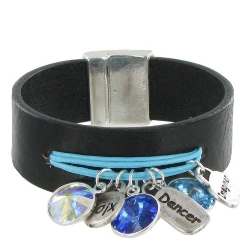 Bracelet Cuir Noir Cristal Multi Breloques et Coton - Classic - LES POULETTES BIJOUX - Modalova