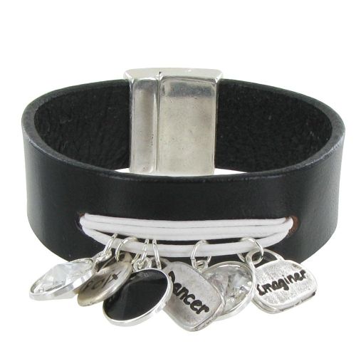 Bracelet Cuir Noir Cristal Multi Breloques et Coton - Classic - LES POULETTES BIJOUX - Modalova
