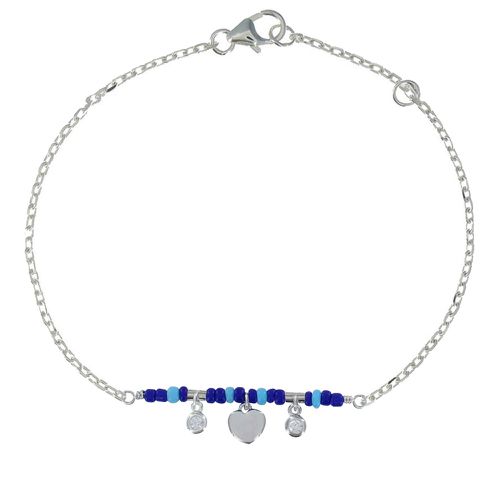 Bracelet Rhodié Petit Coeur Deux Strass et Perles Bleus - LES POULETTES BIJOUX - Modalova