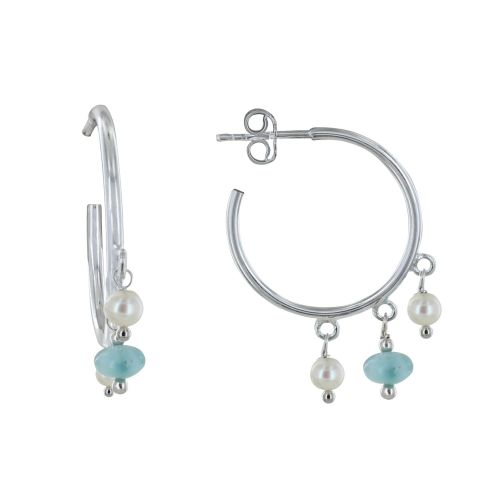 Boucles d'Oreilles Argent 925 Créoles Breloques Perle de Culture et de Larimar - LES POULETTES BIJOUX - Modalova