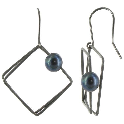 Boucles d'Oreilles Argent 925 Oxydé Carré et sa Perle - Classics - Noir - LES POULETTES BIJOUX - Modalova