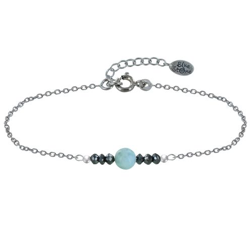 Bracelet Chaine Argent Rhodié Une Perle de Larimar et Six Diamants Noirs Facettées - LES POULETTES BIJOUX - Modalova