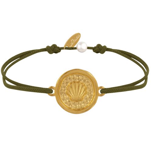 Bracelet Lien Médaille Ronde Laiton Doré Coquillage - Vert kaki - LES POULETTES BIJOUX - Modalova