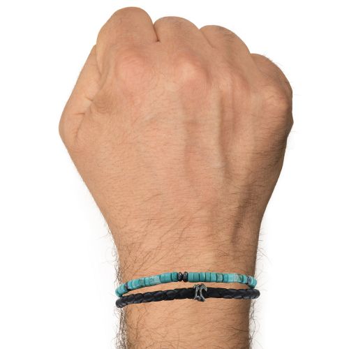 Bracelet Acier Cuir Noir et Anneaux Turquoise - LES POULETTES BIJOUX - Modalova