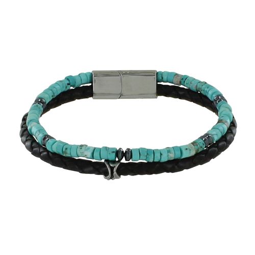 Bracelet Acier Cuir et Anneaux Turquoise - taille 20 cm - LES POULETTES BIJOUX - Modalova